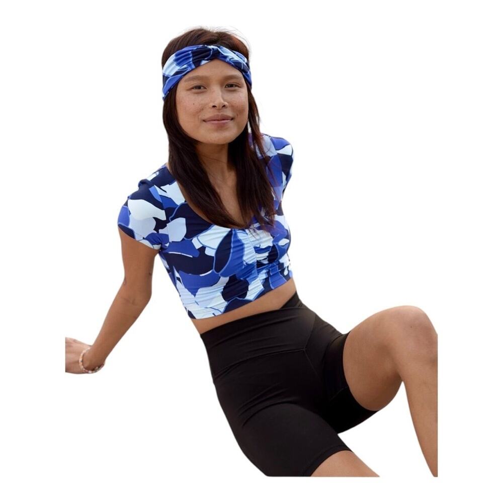 OFFLINE Aerie Real Me Ruched Crop Top Small Blue Black Print Stretch Athleisure